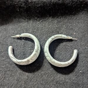 White And Gray Swirl Marble Plastic Lightweight Chunky Hoop Statement Earrings